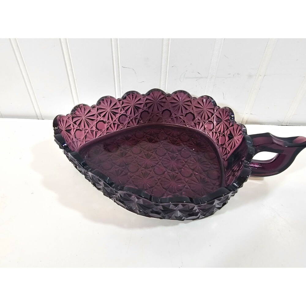 L. G Wright Amethyst Purple Pressed Glass Handled Decorative Bowl Geometric 8 in